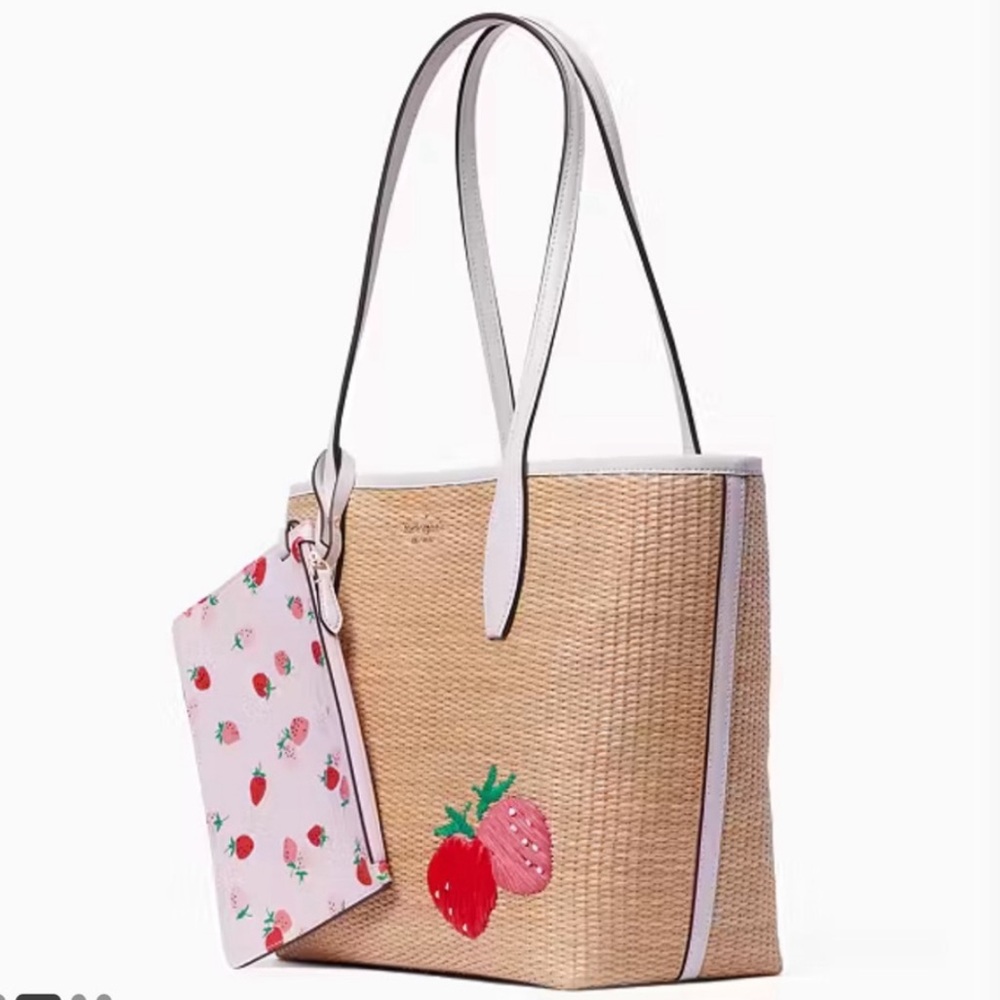 Kate Spade Strawberry Straw Tote Bag with detachable wristlet ❤️ SET of 2